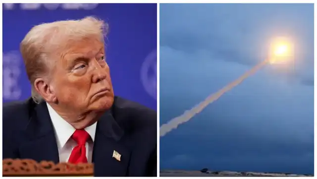 Donald Trump et une image de lancement de missile, symbolisant la reprise des essais nucléaires.