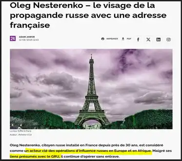 Capture d’écran d’un article accusant un citoyen russe d’être un acteur clé des opérations d’influence russes en Europe et en Afrique, avec une photo de la tour Eiffel.