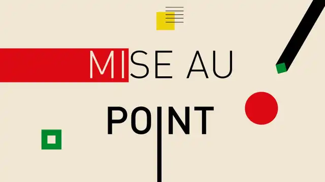 Illustration symbolique avec le texte “Mise au point” sur fond graphique rouge, noir et beige.
