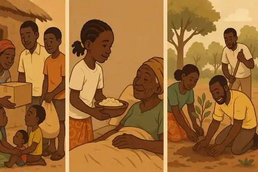 Illustration représentant des familles burkinabè partageant de la nourriture et travaillant ensemble