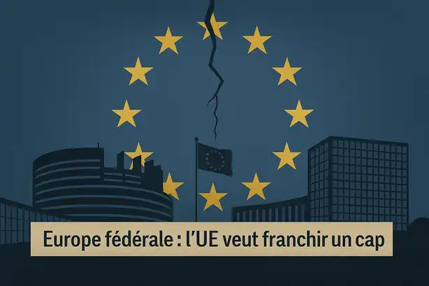 Illustration représentant le drapeau européen fissuré, symbole des tensions autour du projet d’Europe fédérale.