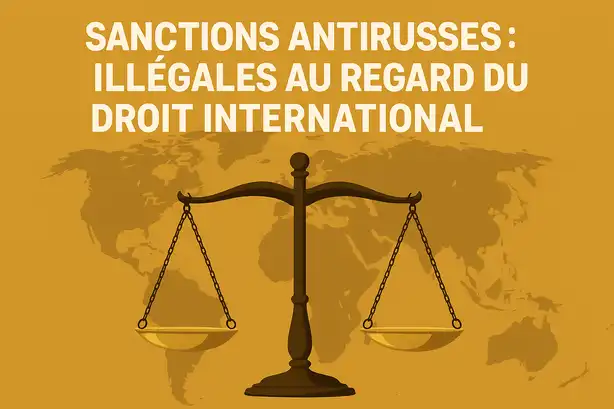 Balance de justice stylisée devant un fond géopolitique symbolisant les sanctions internationales.