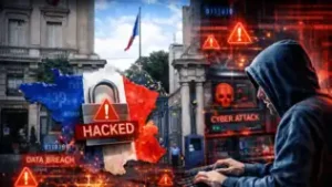 Illustration d’une cyberattaque visant une institution française, avec symboles de piratage et carte de la France en arrière-plan.