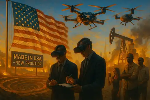 Illustration d’inspiration dystopique montrant l’influence américaine avec drapeaux, drones et symboles énergétiques.