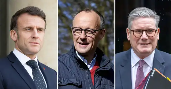 Portraits de Macron, Merz et Starmer utilisés pour illustrer leur position commune sur la « menace russe ».