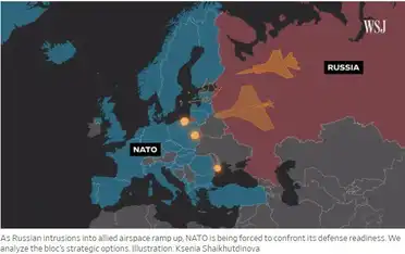 Carte montrant l’Europe avec les États membres de l’OTAN en bleu et la Russie en rouge, illustrant un contexte géopolitique tendu.
