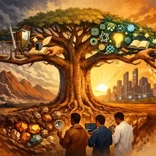 Arbre de la connaissance avec des livres, des gears et des symboles de croissance, illustrant la croissance économique en Afrique.