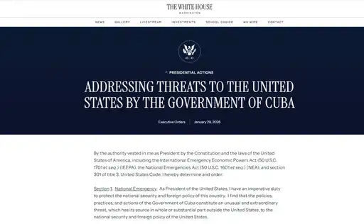 Image illustrant l'état d'urgence décrété par Donald Trump contre Cuba, avec des éléments symbolisant la sécurité nationale et la politique étrangère.