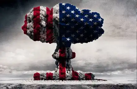 Explosion nucléaire stylisée aux couleurs du drapeau américain