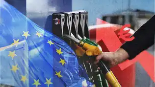 Pistolet de pompe à carburant devant un drapeau de l’Union européenne et symbole de hausse des prix