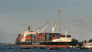 Porte-conteneurs chargé de marchandises naviguant près d’un port maritime