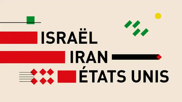 Illustration simplifiée représentant Israël, l'Iran et les États-Unis avec des éléments symboliques.
