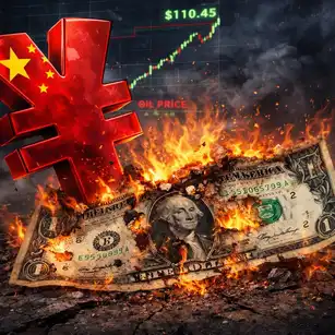 Symbole du yuan chinois rouge surmontant un billet d'un dollar américain en train de brûler.