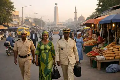 Trois personnes marchant dans une rue commerçante animée de Bamako, devant un marché.