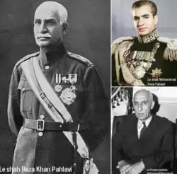 Portraits historiques du shah Reza Khan, du shah Mohammad Reza Pahlavi et de Mossadegh.