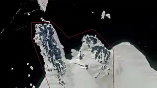 Vue satellite d'une zone rocheuse sombre émergeant des glaces blanches de l'Antarctique.