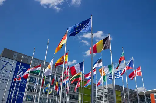Drapeaux des pays membres de l'Union européenne flottant devant un bâtiment institutionnel.