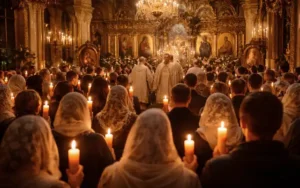 Fidèles de dos tenant des bougies allumées lors d'une cérémonie dans une église orthodoxe.