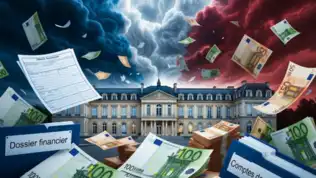 Montage symbolique avec billets d'euros, dossiers financiers et le palais de l'Élysée.