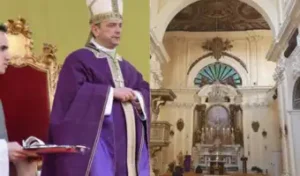 Montage montrant un évêque en tenue violette et l'intérieur d'une église baroque italienne.