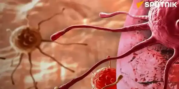 Représentation microscopique 3D de cellules cancéreuses et d'agents thérapeutiques ciblés.