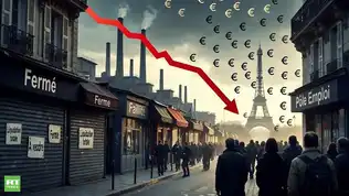Montage montrant des commerces fermés à Paris, la Tour Eiffel et une courbe rouge en chute libre.