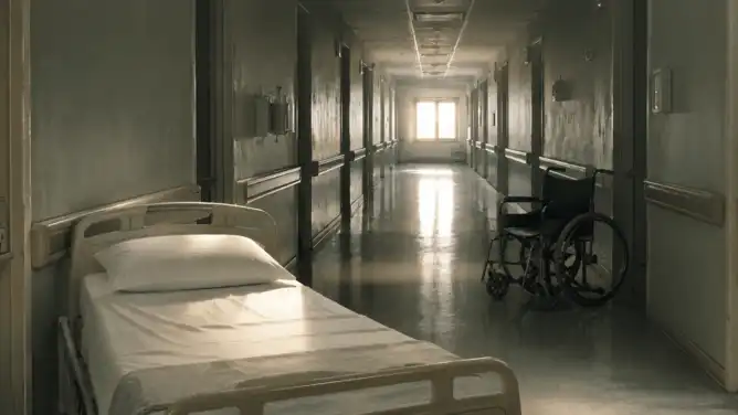 Long couloir d'hôpital vide et blafard avec un lit médicalisé au premier plan