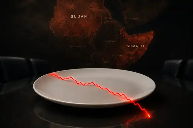 Assiette vide traversée par un graphique rouge descendant sur fond de carte du Soudan et Somalie.