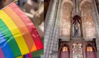 Montage montrant un drapeau arc-en-ciel à gauche et une statue religieuse de basilique à droite.