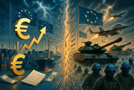 Allégorie opposant la prospérité économique de l'Euro à la militarisation par des chars et avions.