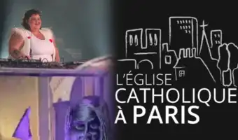 Montage montrant l'artiste Barbara Butch aux platines et le logo de l'Église catholique à Paris.