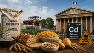 Nature morte de produits céréaliers au premier plan avec un sac d'engrais et l'Assemblée nationale en arrière-plan.