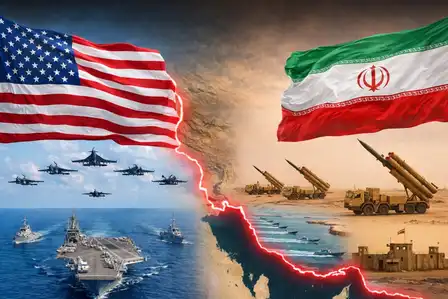 Composition montrant les forces militaires des États-Unis et de l'Iran face à une faille lumineuse.