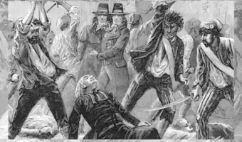 Gravure historique représentant le massacre de prêtres catholiques par des révolutionnaires armés.