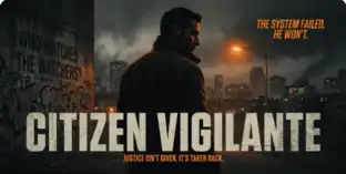 Affiche du film Citizen Vigilante montrant un homme de dos face à une ville sombre sous la pluie.