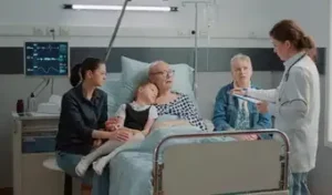 Médecin recueillant les informations d'un patient âgé alité entouré de sa famille inquiète.