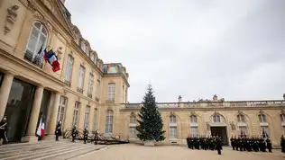 Façade du Palais de l'Élysée avec drapeau français et garde républicaine alignée.