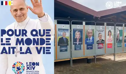 Montage comparant l'affiche du Pape Léon XIV et des panneaux d'affichage électoraux de candidates.